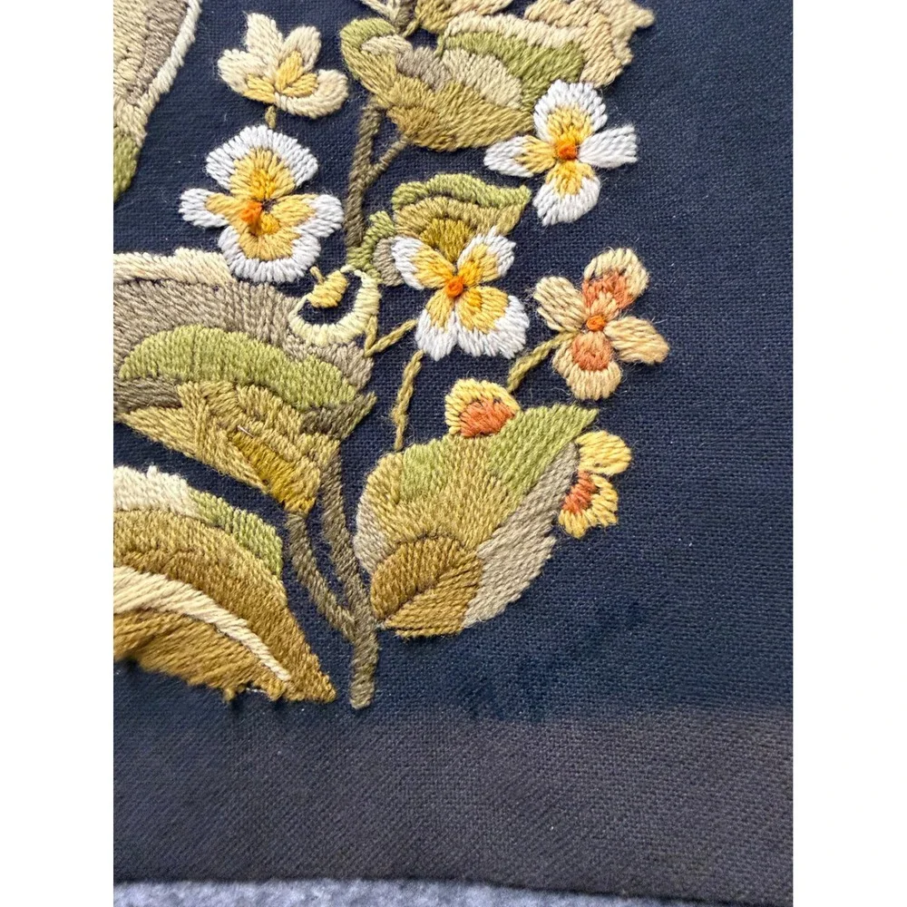 Vintage Crewel Embroidery Hummingbird Floral Wall Art Hand Stitched Textile
